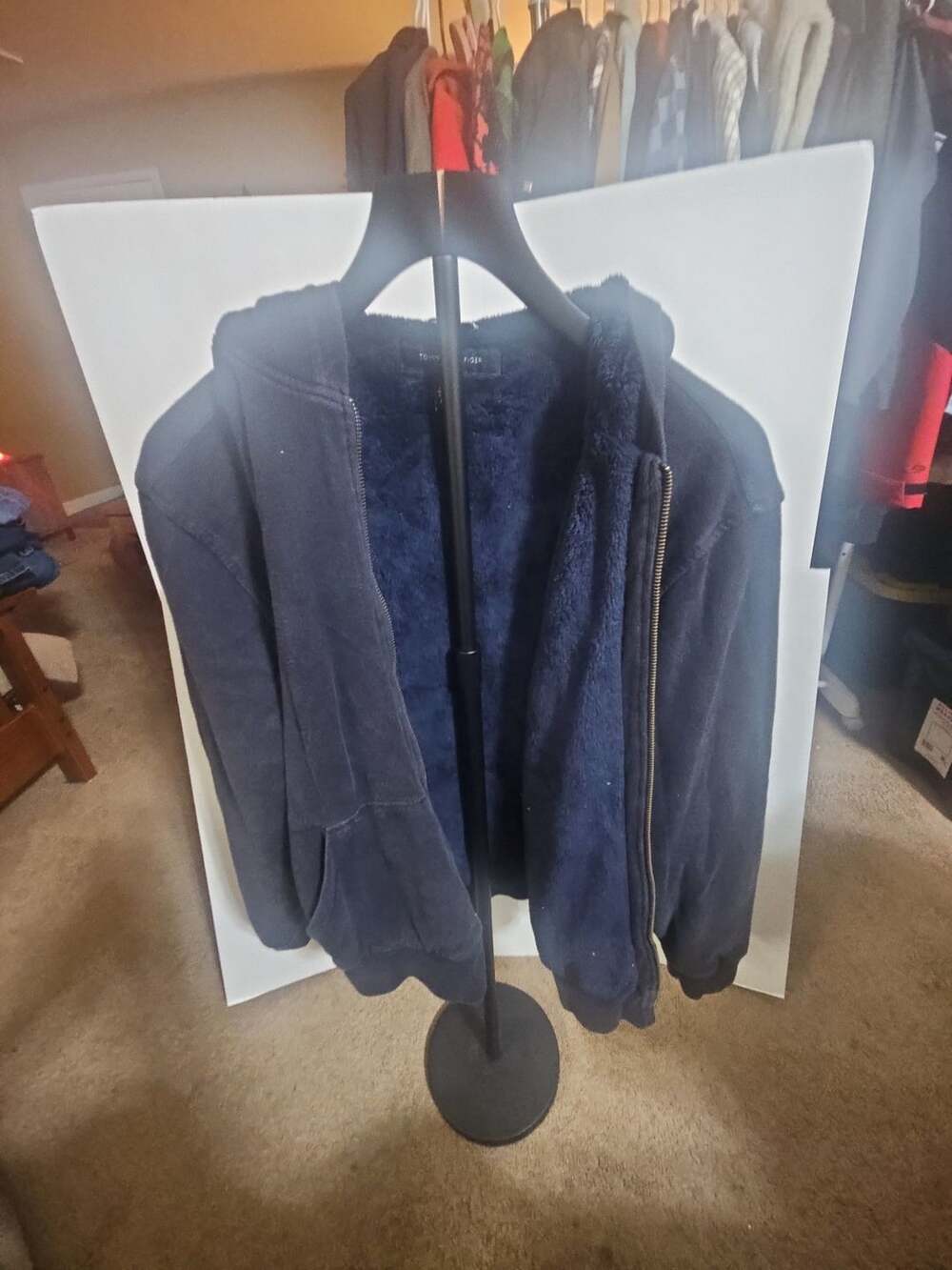 Tommy Hilfiger Faux Shearling Lined Zip Hoodie Size L Blue